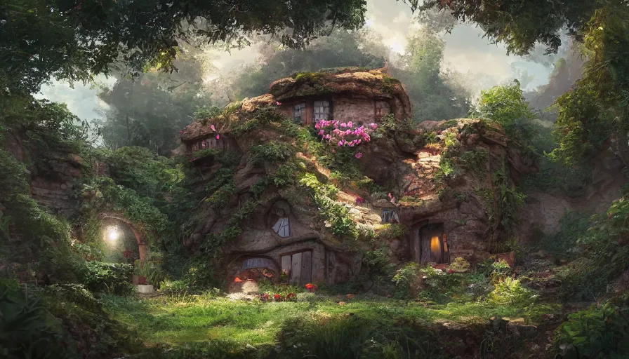 Prompt: Small house with garden built in an underground cave, wide angle, hyperdetailed, artstation, cgsociety, 8k