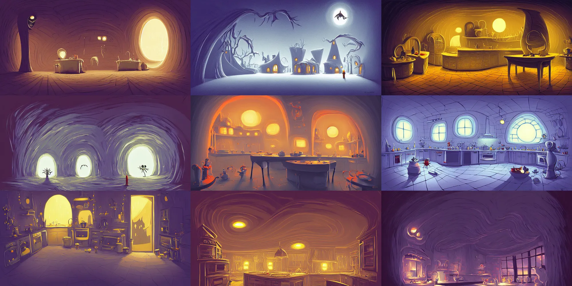 Image similar to twisted curved perspective digital art of a dim lit kitchen from Tim Burtons Nightmare Before Christmas by Christopher Balaskas