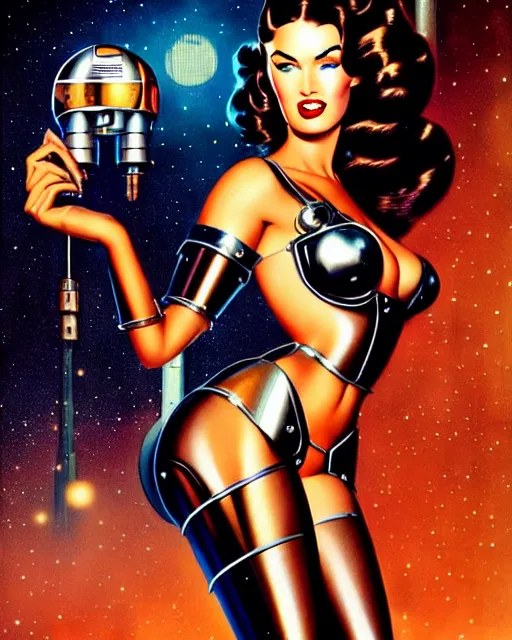Image similar to closeup beautiful retro space megan fox posing with a chrome robot in dieselpunk city at night, pinup, windblown dark hair, seductive, hyper detailed, digital art, smooth, sharp focus, luis royo, gil elvgren, alberto vargas, 1 9 5 0, when mars attacks