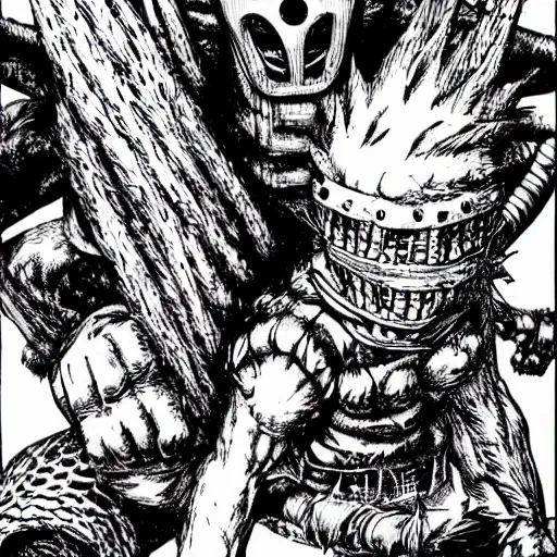 Prompt: Dorohedoro drawn by Kentaro Miura, upscaled, detailed,