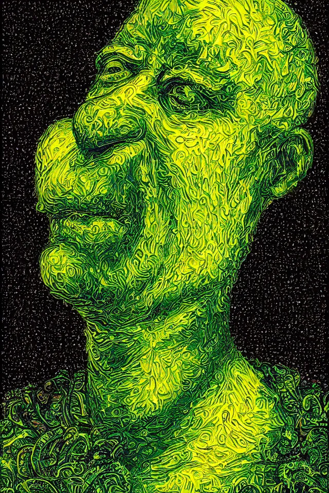 Image similar to bizarre green blacklight detailed renaissance portrait of homer simpson as a highly detailed realistic real life, dramatic cinematic lighting, 8 k, beautiful intricate painting by james r eads and tomasz alen kopera