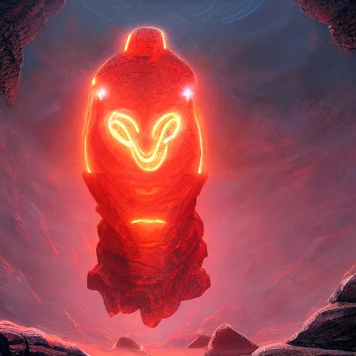 Image similar to a large rock elemental with glowing red runes adorning its body, it has a head shaped like a medieval helmet and one of its arms is much larger than the other, it stands menacingly with the camera looking up at it, high quality fantasy art