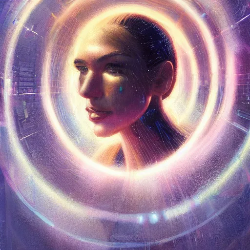 Image similar to detailed face of a woman, large hadron collider, dimensional portal, teleportation, wet reflections, prism, atmospheric, ambient, pj crook, syd mead, livia prima, artgerm, greg rutkowski, nick alm, casey baugh