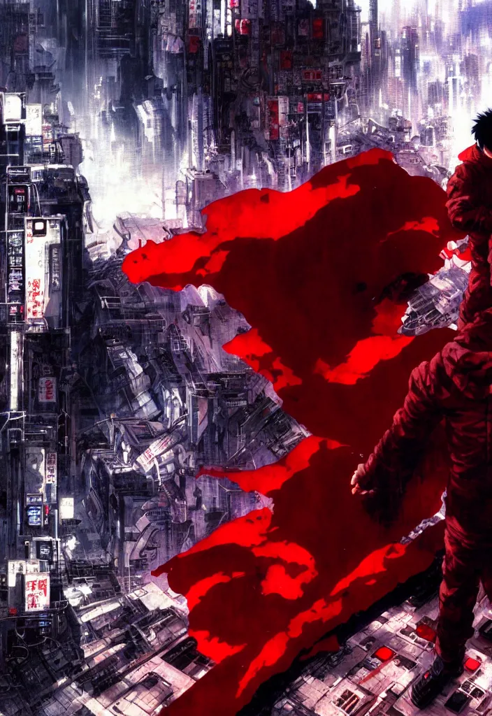 Image similar to tetsuo over neo - tokyo, red cape, akira | anime, matte painting, dystopian megacity neo - tokyo akira, shaded perfect, fine details. realistic shaded lighting anime manga artwork by katsuhiro otomo, akira, artgerm, jeremy lipkin and michael garmash and rob rey