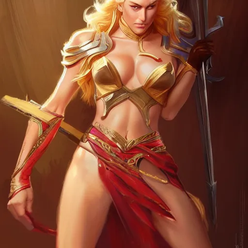 Image similar to Bar Rafaeli with blonde hair as She-Ra, western, D&D, fantasy, intricate, elegant, highly detailed, digital painting, artstation, concept art, matte, sharp focus, illustration, art by Artgerm and Greg Rutkowski and Alphonse Mucha