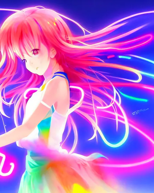 Image similar to anime style, vivid, expressive, full body, 4 k, painting, a cute magical girl idol with a long wavy colorful hair wearing a colorful dress, correct proportions, stunning, realistic light and shadow effects, neon lights, studio ghibly makoto shinkai yuji yamaguchi, wlop