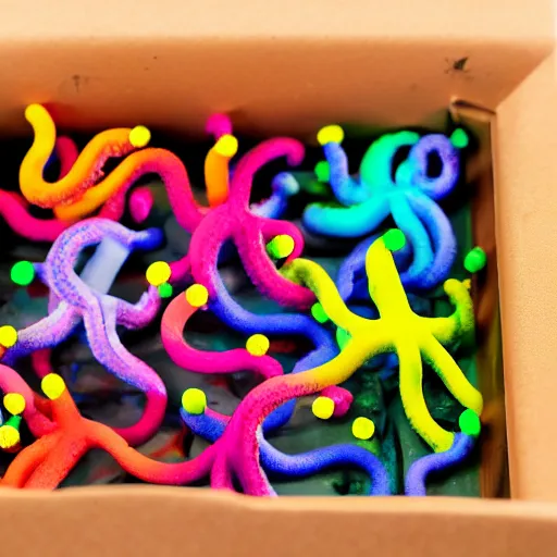 Image similar to octopus tentacles emerging creepily from beneath the lid of a box of crayons. 8 k photo with dramatic lighting.