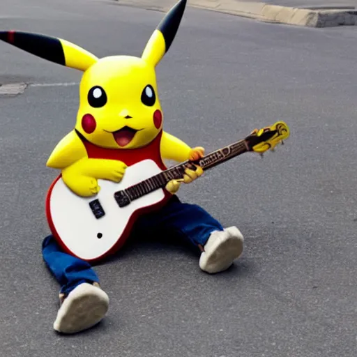 Prompt: pikachu homeless and depressed, playing guitar on an empty city street during the day