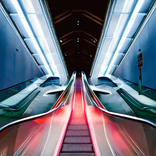 Image similar to approaching futuristic escalator inside white back glossy lit tube with streaming beams of light, building anticipation, scintillating, movement, pastel gradients, 8 k, highly detailed, professional photograph, epic composition, modern details
