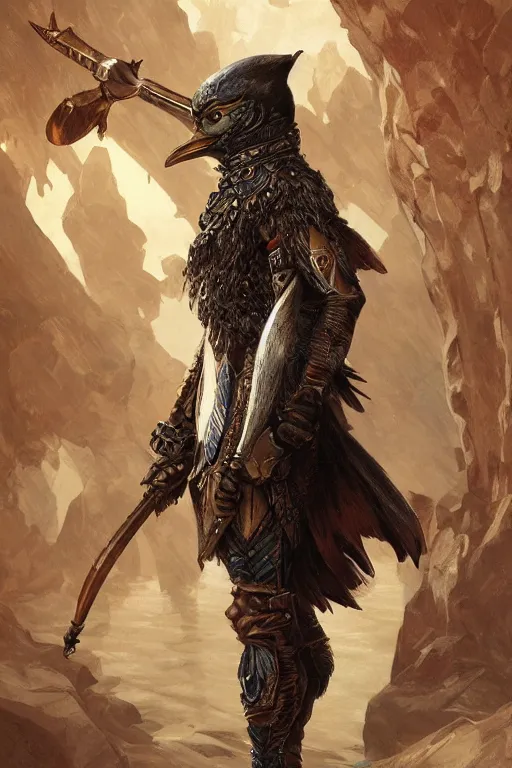 Prompt: a anthropomorphic penguin warrior, D&D, fantasy, intricate, highly detailed, digital painting, artstation, concept art, smooth, sharp focus, illustration, art by artgerm and greg rutkowski and alphonse mucha