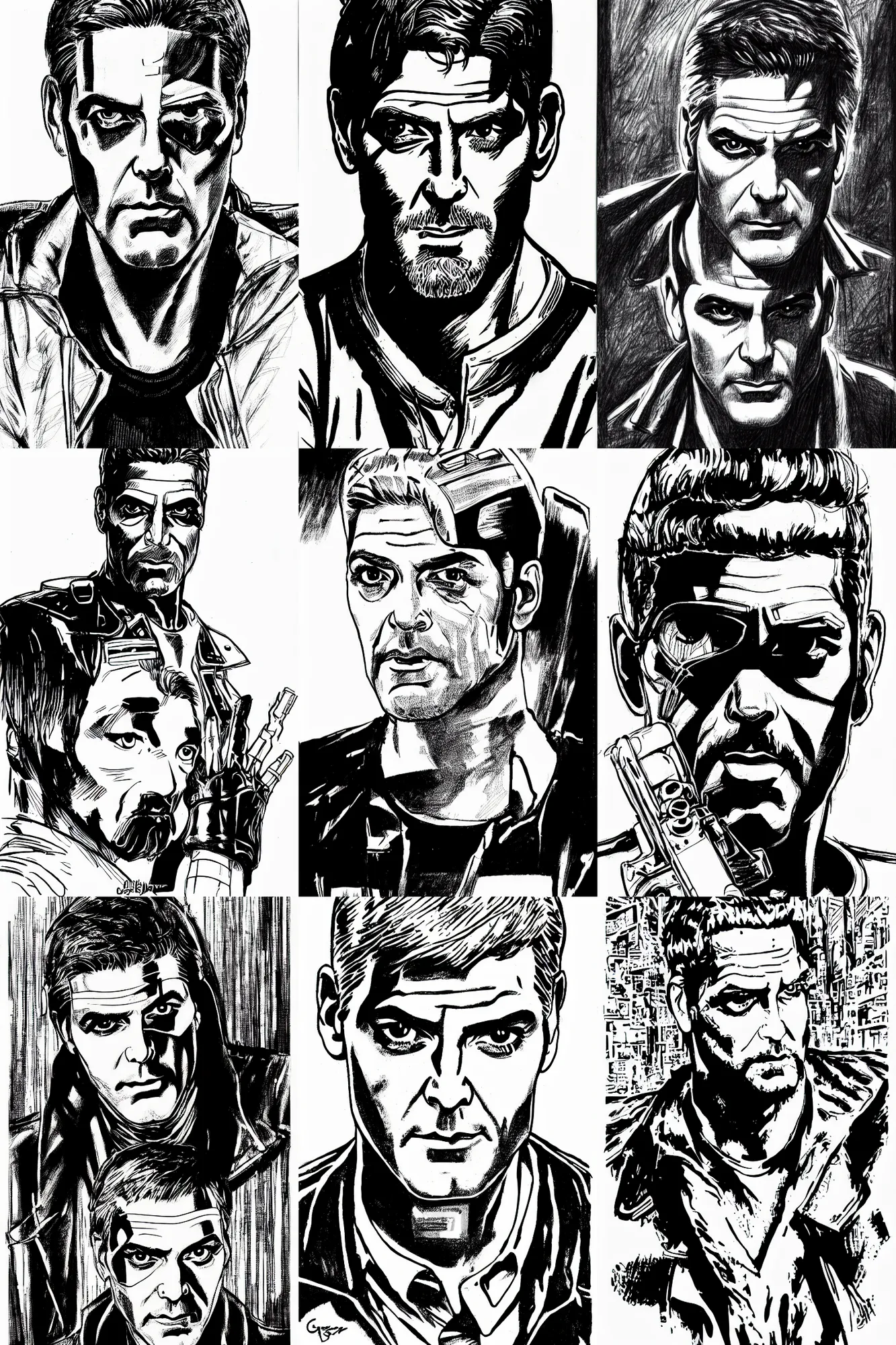 Prompt: george clooney, a drawing from cyberpunk 2 0 2 0, style of paolo parente, style of mike jackson, adam smasher, johnny silverhand, 1 9 9 0 s comic book style, white background, ink drawing, black and white, mid - shot