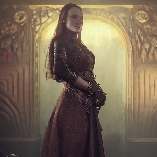 Image similar to the elder scrolls vi, charismatic regal humble brunette female jarl, portrait, throne room, atmospheric lighting, painted, intricate, volumetric lighting, beautiful, daytime, sunny weather, slight overcast, sharp focus, deep colours, ultra detailed, by leesha hannigan, ross tran, thierry doizon, kai carpenter, ignacio fernandez rios