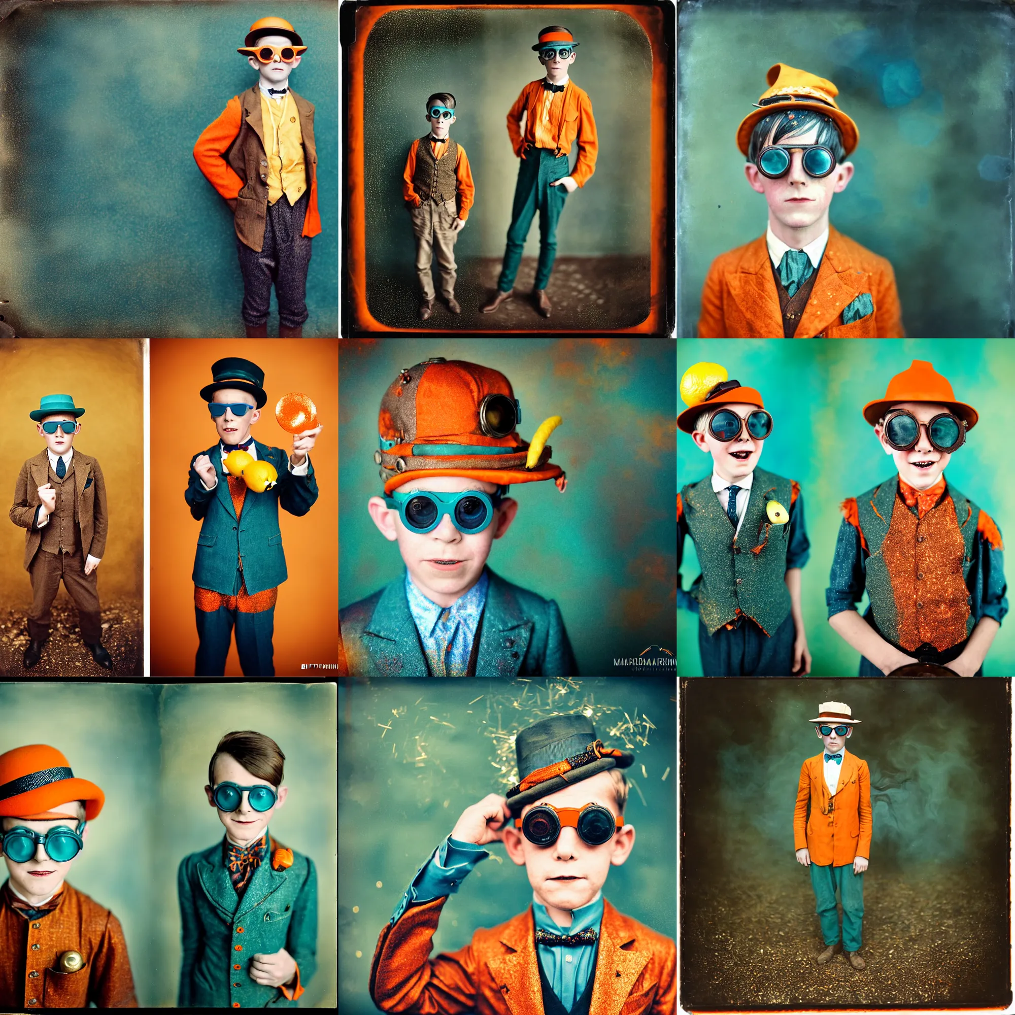 Prompt: kodak portra 4 0 0, wetplate, motion blur, portrait photo of a handsome looking 8 year old steampunk boy in the 1 9 2 0 s in hell fire, wearing a lemon, 1 9 2 0 s cloth, 1 9 2 0 s hair, coloured in teal and orange, muted colours, funny sunglasses, by britt marling, glitter storm