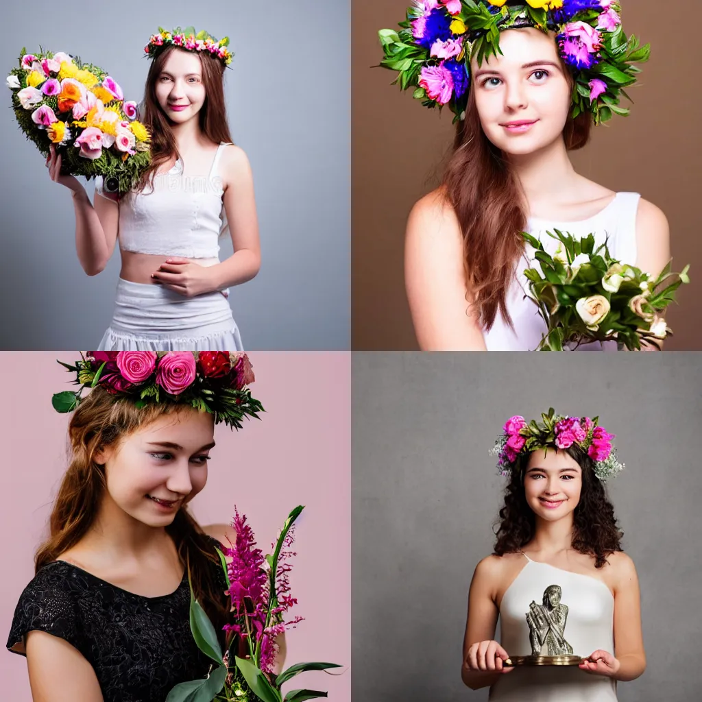 Prompt: A young lady with flower crown holding a statue of proud, very realistic studio photoshoot, studio