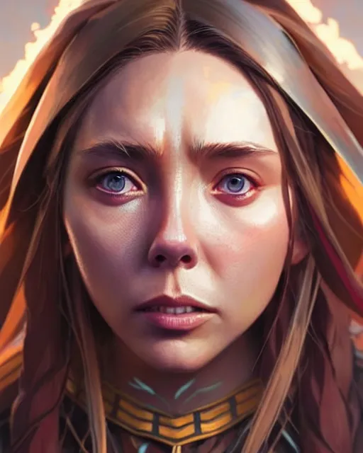 Image similar to azctec warrior, elizabeth olsen, detailed perfect face, exquisite details, fire magic, mid view, design on a white background, by studio muti, greg rutkowski makoto shinkai takashi takeuchi studio ghibli