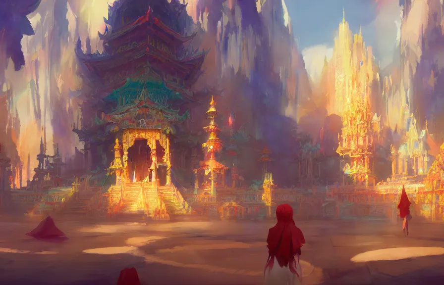 Image similar to greg manchess concept art of a the colorful temple dimension, key visual, ambient lighting, highly detailed, digital painting, artstation, concept art, sharp focus, by makoto shinkai and akihiko yoshida and hidari and wlop and greg rutkowski