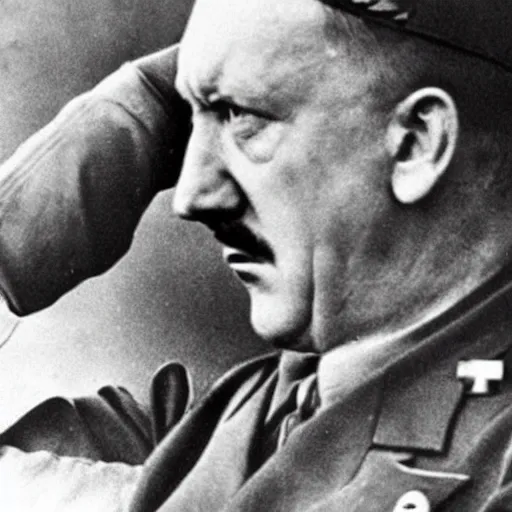 Image similar to hitler pointing a gun to his head while crying, close - up shot