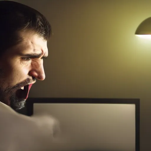 Image similar to annoyed angry man waiting for a friend in front of a computer, night, soft screen light