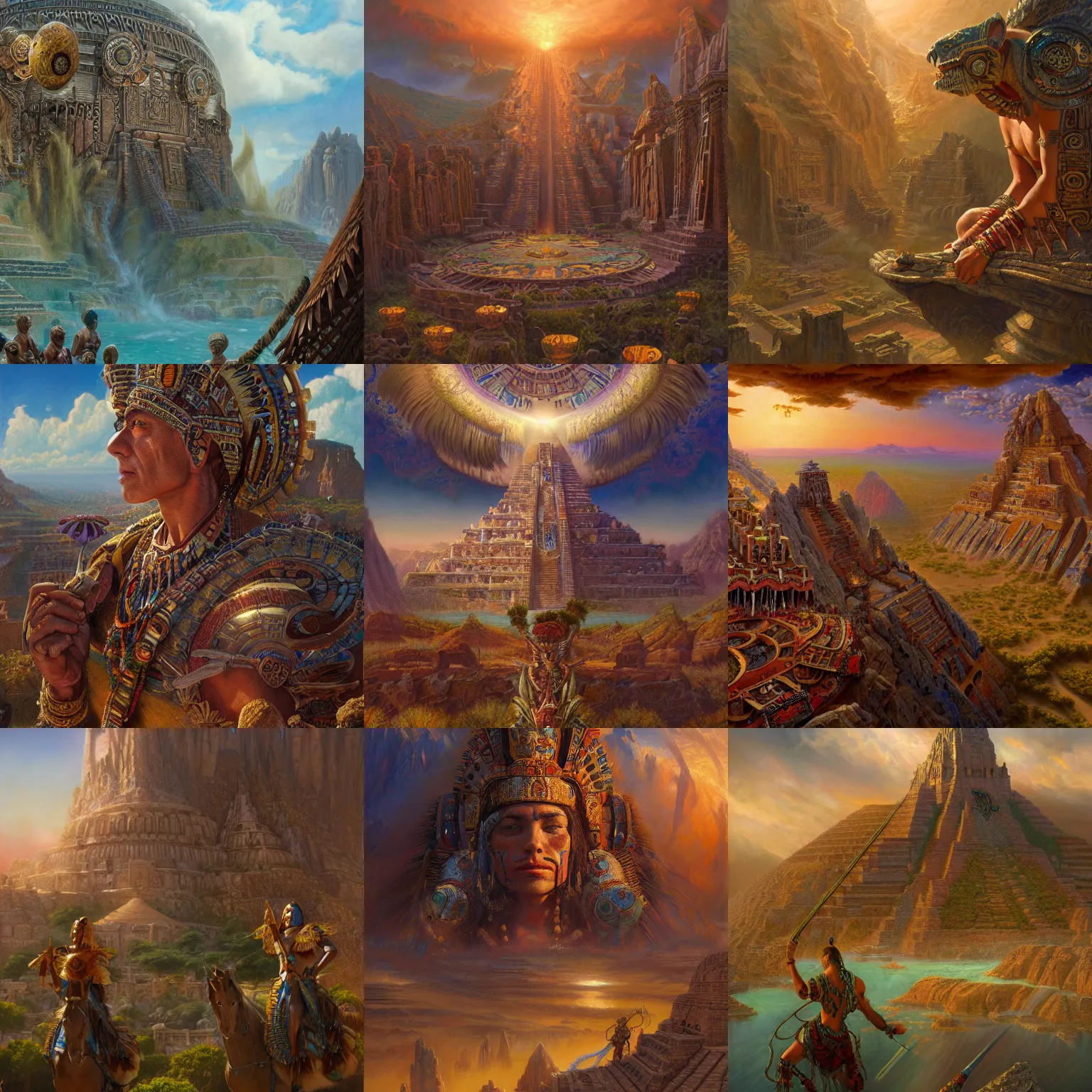 Image similar to an aztec dreamscape, detailed, centered, digital painting, artstation, concept art, donato giancola, joseph christian leyendecker, wlop, boris vallejo, breathtaking, 8 k resolution, extremely detailed, beautiful, establishing shot, artistic, hyperrealistic, beautiful face, octane render, cinematic lighting, dramatic lighting, masterpiece