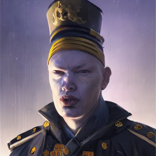 Prompt: portrait of rubbery albino mutant with determined expression, sharp features, moist skin and wide black eyes wearing fascist Napoleonic Tang Dynasty police uniform standing on cyberpunk docks, science fiction concept art by Greg Rutkowski and Anato Finnstark