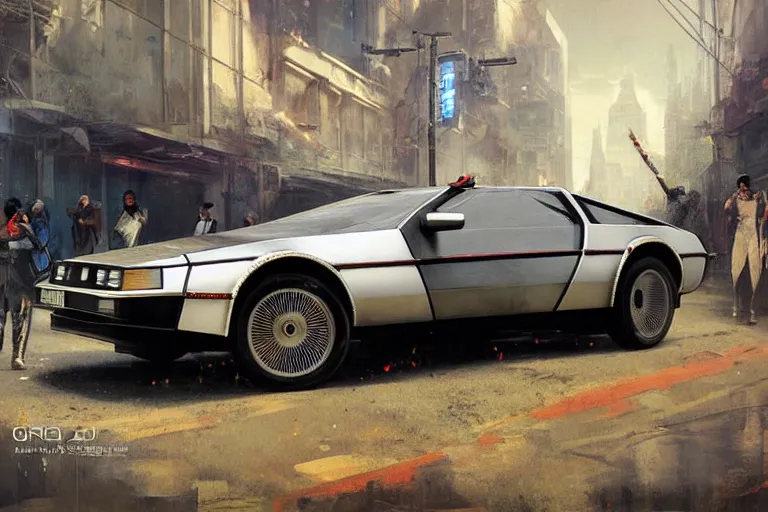 Image similar to photograph of the delorean, with a sleek spoiler, driving down the streets of a cyberpunk abandoned city, by greg rutkowski, by stanley artgerm, by alphonse mucha