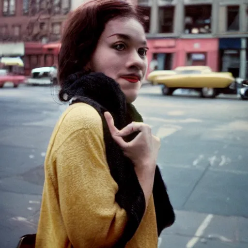 Image similar to medium format film portrait of a woman in new york by street photographer, 1 9 6 0 s, gorgeous portrait featured on unsplash, photographed on colour expired film