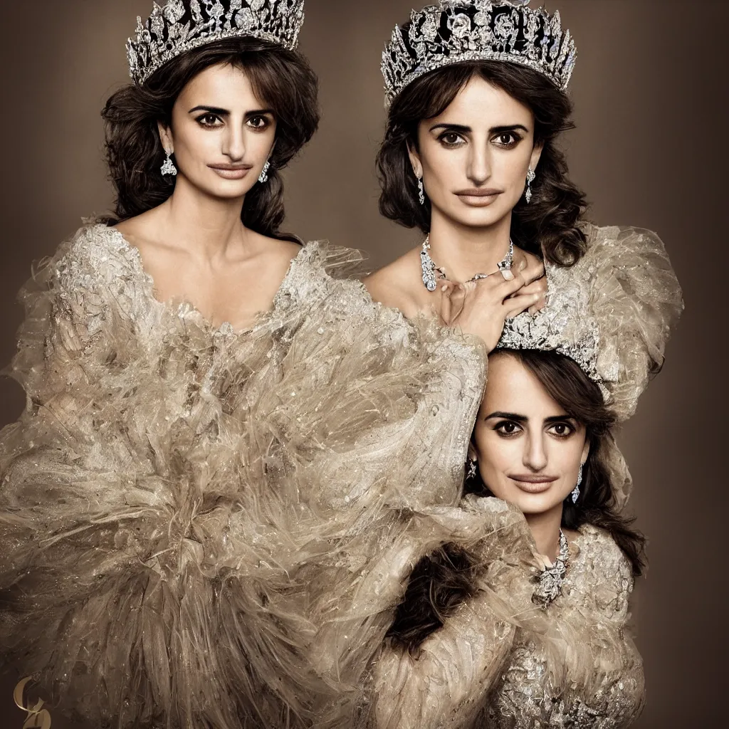 Image similar to penelope cruz as the queen of england, big crown adorned with emerald, diamonds, topaz and other jewellaries, sensual, beautiful soft light failling on her face, zoomed out, studio photography, nikon 3 5 mm portrait photography, ultra realistic