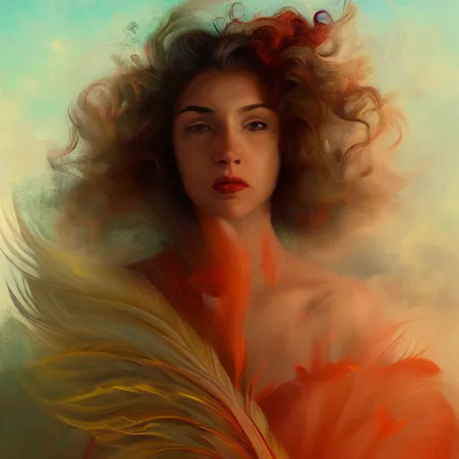 Prompt: a painting of a woman who made of curly and transparent feathers cloud with red edges is holding a sword, a digital painting by charlie bowater, trending on artstation, metaphysical painting, speedpainting, made of feathers, digital painting, holographic undertones, highly saturated colors, 4 k, digital art, concept art, trending on artstation