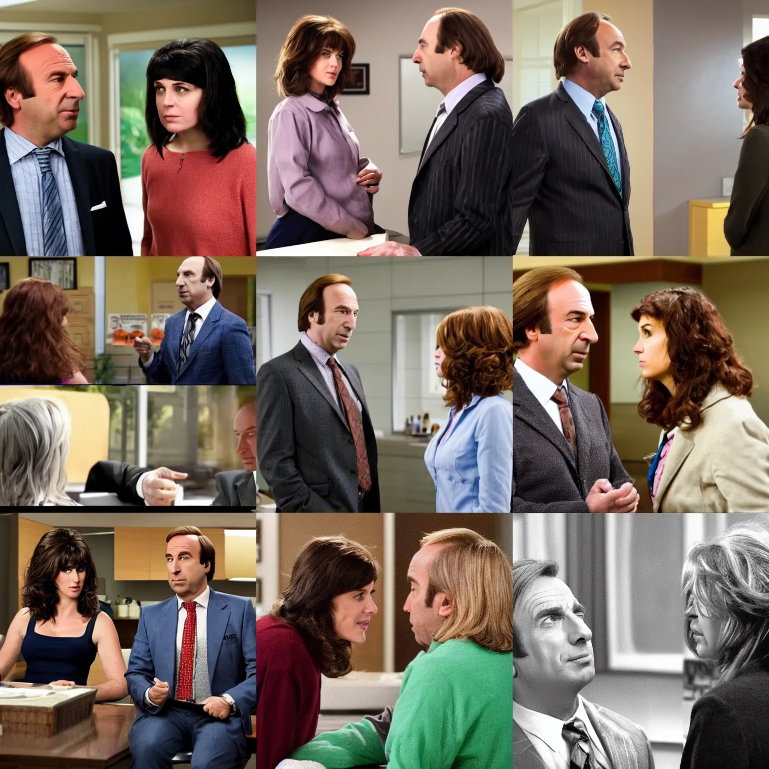 Prompt: saul goodman as jimmy megal meets a woman with medium length hair