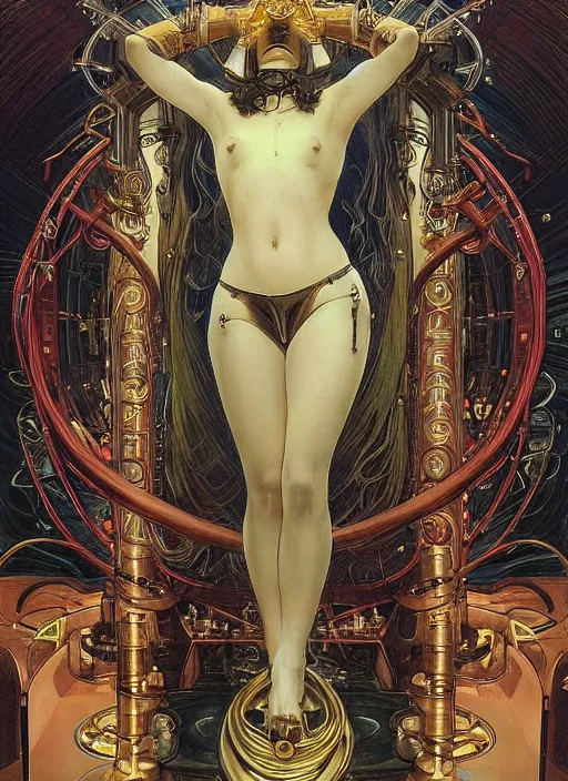 Image similar to Robotic beautiful Priestess posing in front of an altar by Hajime Sorayama and Henry Fuseli, alphonse mucha , dramatic lighting