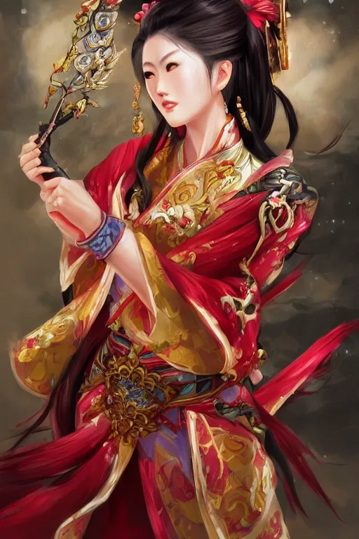 Prompt: diao chan holding a fan from romance of three kingdoms in the paintetly style of WLOP, artgerm, brush stroke oil painting, imagine fx, artstation