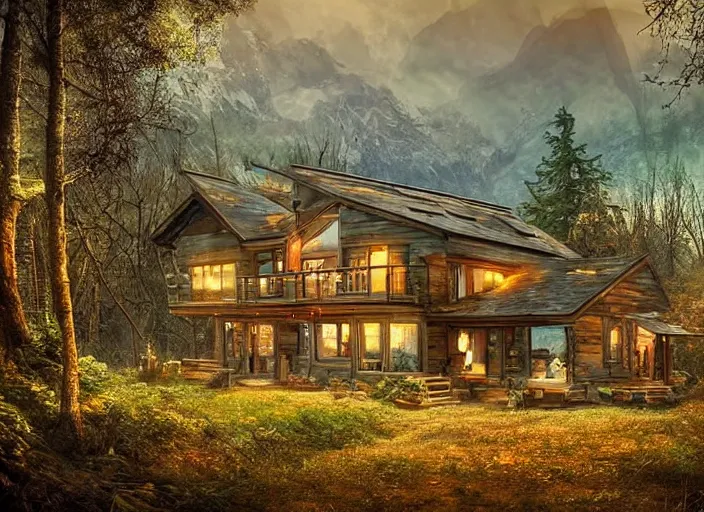 Prompt: cosy house in a clearing in the forest, mountains in the background, beautifully lit, retro science fiction vintage art, steampunk