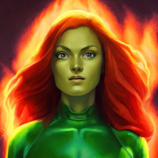 Image similar to jean grey, a half body portrait of jean grey, green eyes, red hair, phoenix, flames, flying, comic, x - men, highly detailed, artstation, symetry, digital painting, vivid colors, realistic shaded perfect face, soft lighting, atmospheric, cinematic, moody, in the style of alex ross, oil on canvas, 8 k