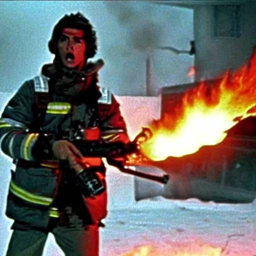 Image similar to movie still of cristiano ronaldo with a flamethrower in the thing (1982), john carpenter, cinematic,