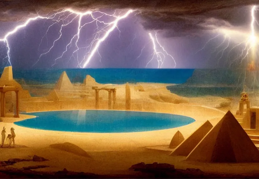 Image similar to Piramids of sand, refracted sparkles, thunderstorm, greek pool, beach and desert on the background major arcana sky, by paul delaroche, hyperrealistic 4k uhd, award-winning, very very very detailed