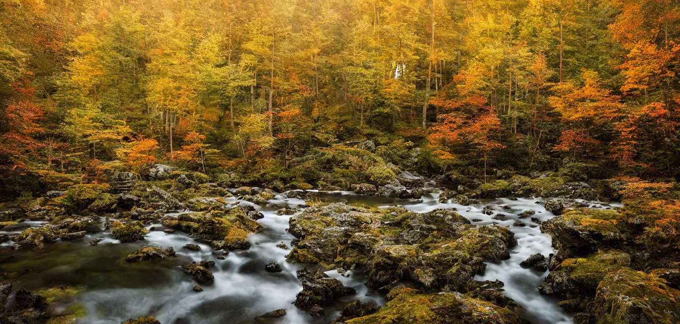 Prompt: sparse stone cottages underneath a dense tall forest, with pristine reflex from cascading ponds. gorgeous, elegant, sophisticated, an ultrafine painting, intricate brush strokes, bright depth oil colors, photography by araken alcantara. intense promiseful happiness, autumn sunrise warm light, detailed and intricate environment. hopeful. bodyscapes