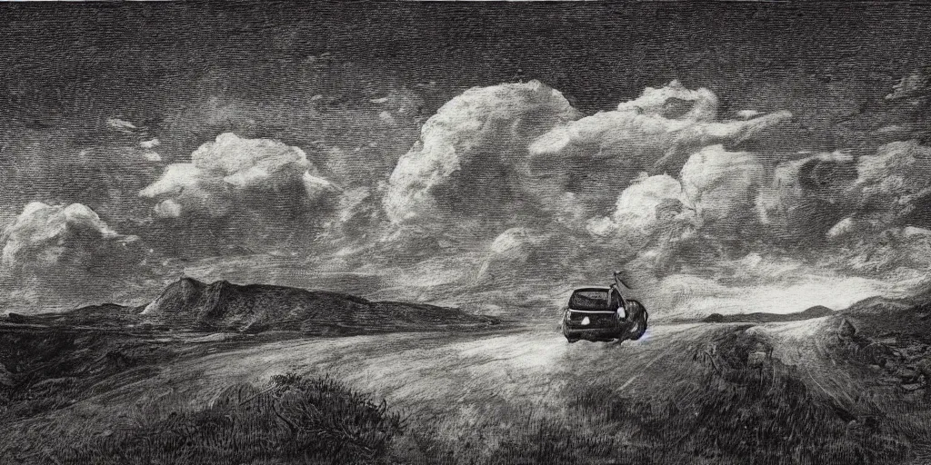 Image similar to portrait of a duny Bruggy driving on an alien planet, clouds visible, stars in the sky, mountains, etching, in the style of Goya