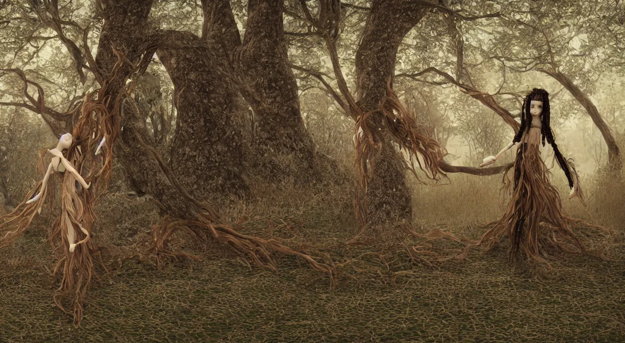 Prompt: a cinematic portrait of a beautiful female jointed handmade wooden art doll, made of wood, dreadlocks with twigs and branches, reaching out to each other, oak trees, oak leaves, acorns, dendritic, by fernand khnopff, 8 k, rendered in octane, 3 d, volumetric lighting, detailed