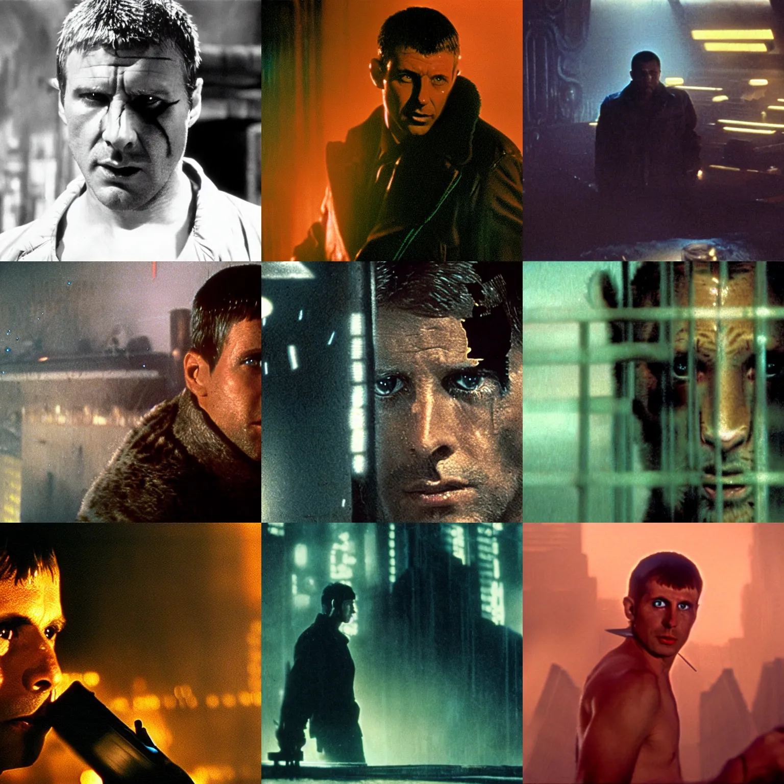 Prompt: film still blade runner from man with the face of a Tiger blind at one eye