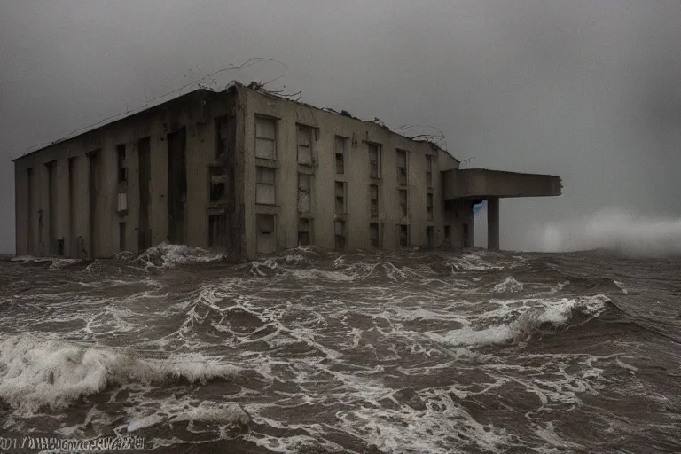 Image similar to danila tkachenko, low key lighting, an abandoned high soviet apartment building in the middle of the stormy ocean, storm, lighning storm, crashing waves, dramatic lighting