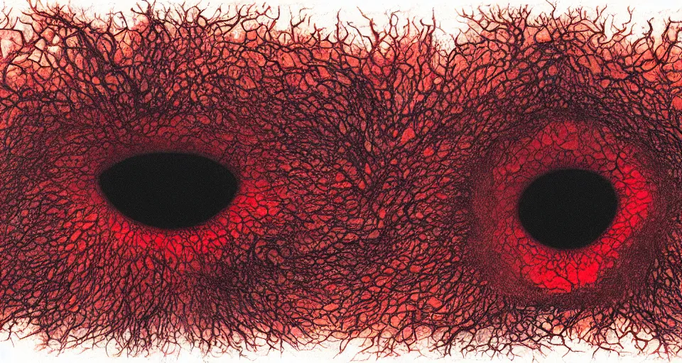 Prompt: a volcano made of ivory vines and crimson rocks enters in eruption, it spits a smoke in the shape of demonic eye, by Dan Witz