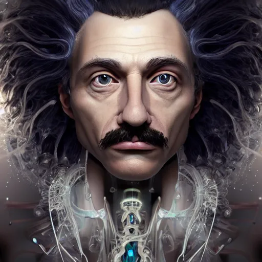 Prompt: masterpiece portrait ethereal biomechanical einstein with incredible hair, crystal incrustations, hyper - detailed face, elegant posed, intricate, octane render, cinematic lighting, cgsociety, unreal engine,