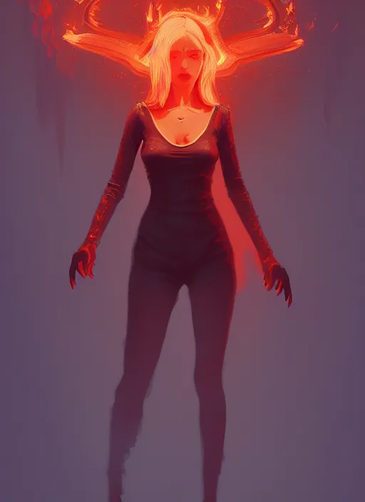 Image similar to satan daughter, wearing, outfit, clothes, full body, fire, hell, lightning, pyromancer, intricate, elegant, highly detailed, digital painting, artstation, concept art, smooth, sharp focus, illustration, ethereal, misty, by ilya kuvshinov and jeremy mann, 8 k, octane render