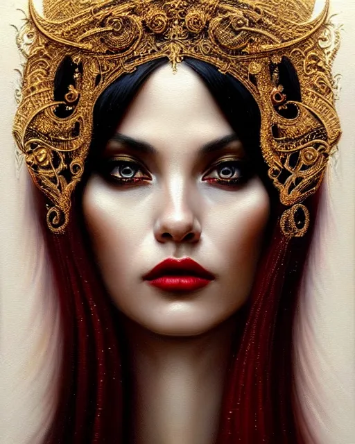Prompt: portrait of a beautiful goddess, enigmatic beauty, dominant shades of black, gold silver, dark red, white, head in focus, ornamental aesthetics, intricate, elegant, highly detailed, hyperrealistiic painting, artstation, concept art, painterly, sharp focus, illustration, art by karol bak