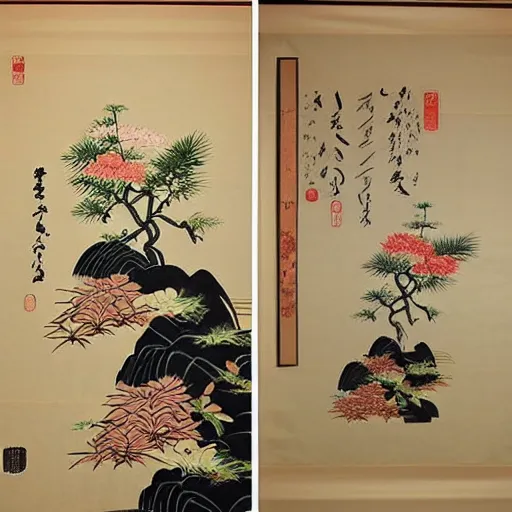 Prompt: “ tatami room, ikebana, traditional japanese scroll art with summer theme ”