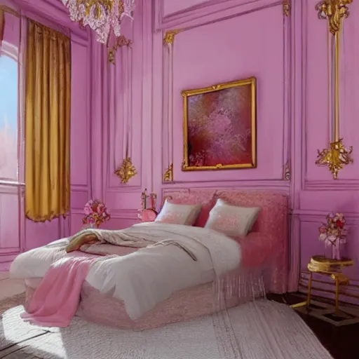 Image similar to a pink bedroom with gold walls, digital Painting, ultradetailed, artstation, oil Painting, ultradetailed, artstation