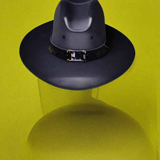 Image similar to [high tech cowboy hat in futuristic colours and fabrics, object design, couture]