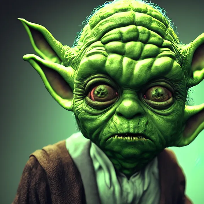 Image similar to zombie yoda, yoda as a zombie, zombified, scary, hyperrealistic, digital render, octane, artstation