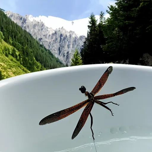 Image similar to dragonfly in a bathtub in the alps, libertine!! in background