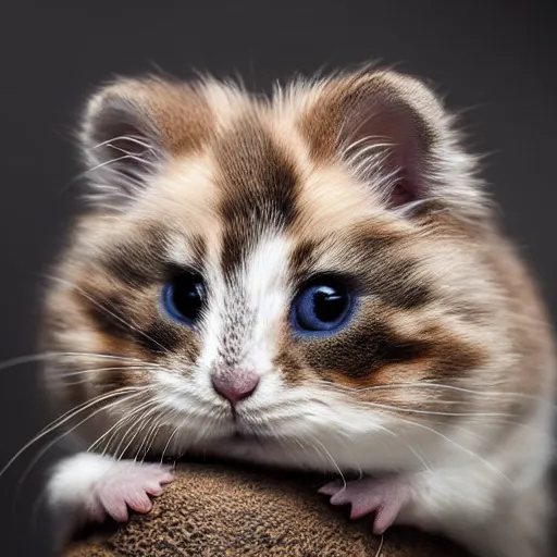 Prompt: fluffy miniature feline cat hamster portrait, aesthetic highly detailed soft fur and paws, professionally shot photorealistic 8k photograph, 35mm Canon EOS R3, rendered in octane, by Natalie Große and Jason Allison
